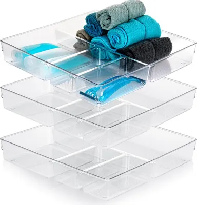 Zdjęcie produktu dla Vilde | Organizer do szuflady - Przezroczysty - 31 x 31 x 5,5 cm - 3 sztuki - Cztery przegródki