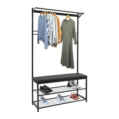 Image de Porte-vêtements avec crochets, porte-vêtements avec banc, porte-vêtements multifonctionnel avec étagère à chaussures