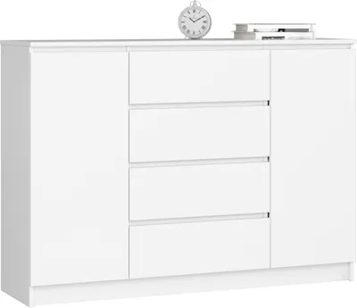 Zdjęcie produktu dla Komoda AKORD K140 Biała 138 cm 2 drzwi 4 szuflady kolor Biały mat 4 półki 138x40x99 cm