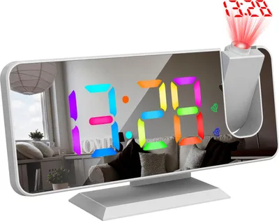 Obrázok produktu pre Digitálny 180��Projekčný budík s dynamickým jasom svetla RGB Nastaviteľný budík s dvojitým nastavením budíka USB nabíjačka Zrkadlové hodiny do spálne 12H/24H