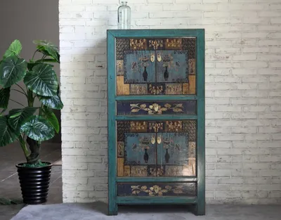 Produktbild von OPIUM OUTLET asiatischer Vintage Schrank Hochzeitsschrank blau, hohe Kommode Shabby Chic Stil Möbel  asiatisch orientalisch chinesisch fernöstlich Schlafzimmer, Wohnzimmer