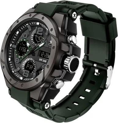 Produktbild von Herren Militär Sportuhr Analog Digital 5ATM Wasserdicht mit Dualzeit, Stoppuhr, Wecker, Kalender, LED Display Schwarz