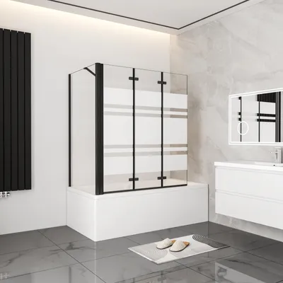 Produktbild von AICA 140cm Schwarz Faltwand 3 teilig Badewanneaufsatz mit 75cm Seitewand 6mm Nano ESG