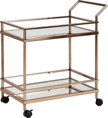 Produktbild von WOHNLING Design Servierwagen Dunkles Gold 2 Ebenen mit Bremsen Beistelltisch auf Rollen Speisewagen mit Glasplatte Küchenwagen Teewagen