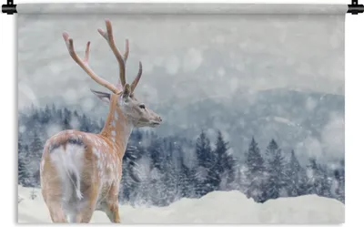 Produktbild von MuchoWow® Wandteppich Wandbehang Winter - Hirsche - Tiere 90x60 cm Tapisserie Dekoration Wandtuch - Wandskulpturen - Bildteppich
