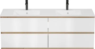 Produktbild von Waschtischunterschrank mit eingebautem Waschbecken - Hell natur und weiß - 150 cm - SABURI