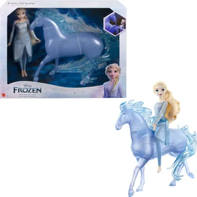 A product shot of a Disney Frozen Elsa doll with a water horse, shown both in its packaging and as a standalone toy.