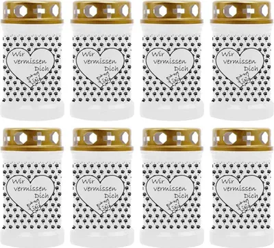 Produktbild von Grabkerze Weiß 8er Pack, Brenndauer: 40 Stunden ( je Kerze ), Motiv: Herz Pfote