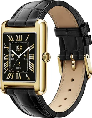 A close-up studio shot of a gold and black rectangular watch with a black crocodile-patterned leather strap.