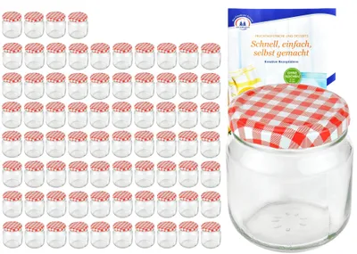 Produktbild von 75er Set Rundglas 212 ml nieder To 66 rot karierter Deckel Marmeladengläser Glas incl. Rezeptheft