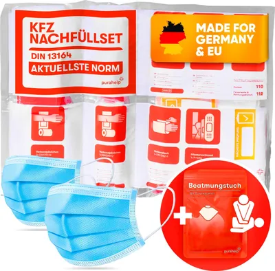 Produktbild von PURAHELP KFZ Nachfüllset DIN 13164 StVO konform 2025 - Inkl. Beatmungstuch - Erste Hilfe Set Auto Verbandskasten