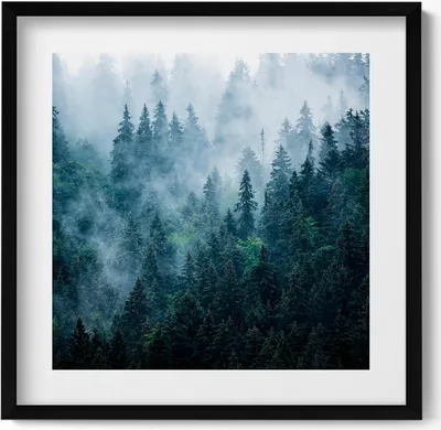 Produktbild von Neblige Berglandschaft– Wandbild mit Rahmen – Gerahmtes Bild  – Wanddekoration – 50x50 cm –  Schwarz Rahmen