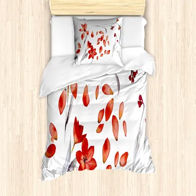 Produktbild von ABAKUHAUS Blumen Mantele, Herbst-Blumen-Blumenblätter, Milbensicher Allergiker geeignet mit Kissenbezügen, 135 cm x 200 cm - 80 x 80 cm, Red Purplegrey