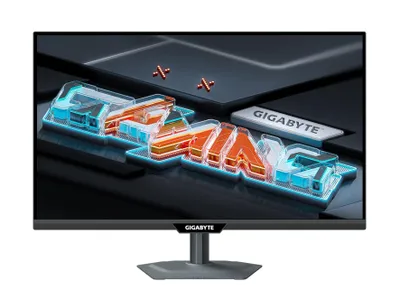 A computer monitor displaying a futuristic logo and the GIGABYTE brand name.