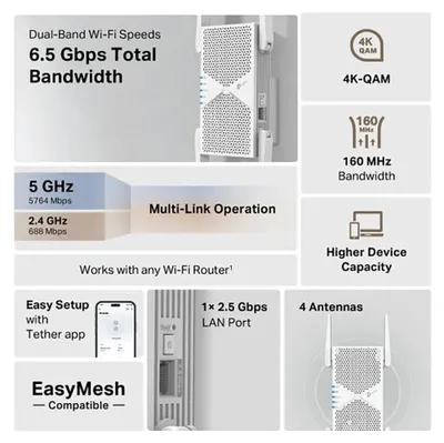Zdjęcie produktu dla TP-Link RE405BE, Wzmacniacz sieciowy, 2500 Mbit/s, Zewnętrzny, 2.5 Gigabit Ethernet, Wi-Fi 7 (802.11be), 802.11a, 802.11b, 802.11g, Wi-Fi 4 (802.11n), Wi-Fi 5 (802.11ac), Wi-Fi 6 (802.11ax), Wi-Fi 6E...