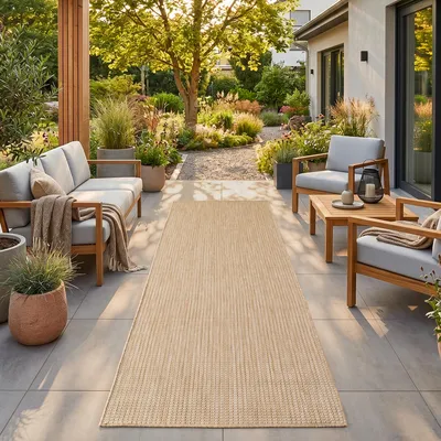 Obrázek produktu pro Homebyhome Venkovní koberec béžový 80x250 cm balkon terasa zahrada odolný po?así a UV b?houn jednobarevný plochá tkanina snadná údržba moderní