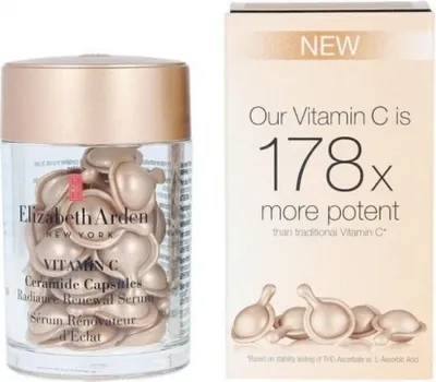 A product shot showing a jar of Elizabeth Arden Vitamin C Ceramide Capsules and its packaging.