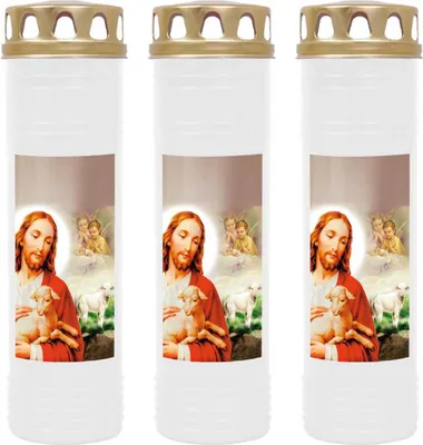 Image de Bougie funéraire - Lot de 3 - Blanc 170h ( couvercle doré ) - Jésus avec l'agneau
