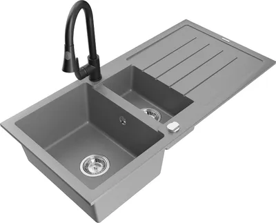 Produktbild von Mexen Andres 1,5-Becken-Granitspüle mit Abtropffläche und Mischbatterie Elia, Grau - 6515-71-670101-70