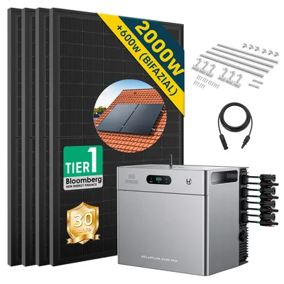 Produktbild von ALLDREI Balkonkraftwerk mit Speicher Zendure SolarFlow 2400 pro , Komplettset mit 4*500W Bifazialer Solarpanel,2,4kWh,4MPPT,Mit Ziegeldach Halterung
