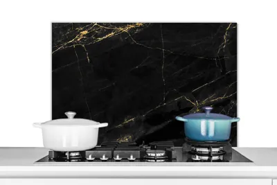 Produktbild von KitchenYeah®  Spritzschutz Küche - Küchenrückwand - Wandschutz für Herd und Spüle - Marmoroptik - Luxus - Schwarz - Gold 80x55 - Alu-Dibond (Alternative zum Spritzschutz aus Glas) - Hitzebeständig - H