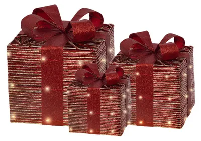 Productafbeelding van Warm wit 65 Micro-LED Set van 3 cadeaudozen papier met strik rood Lumineo