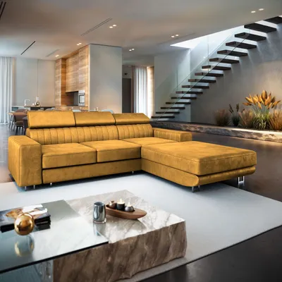 Zdjęcie produktu dla Masseno Narożnik NOTO R-S z funkcją spania i pojemnikiem na pościel Kształt L, Rozkładana sofa, Rogówka - Żółty, MONOLITH 48