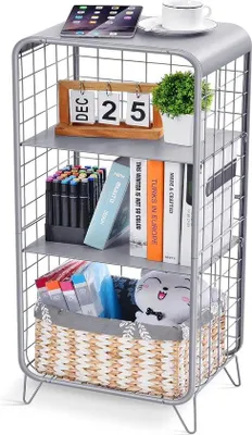Imagen del producto de Mesa auxiliar Unyqoos® de 4 niveles – Mesa de metal con tablero central ajustable en altura, diseño industrial-escandinavo, color gris claro, ideal para salón, oficina y dormitorio