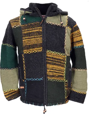 Produktbild von Uni Patchwork Strickjacke aus Schafwolle, Wolljacke Nepaljacke - Braun/schwarz/grün, Damen, Größe: S