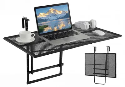 Image de Table pliante pour balcon, marque COSTWAY, dimensions 80x50 cm, table suspendue pour balcon, réglable en hauteur sur 5 positions, table pliante en métal, table suspendue rectangulaire, couleur noire