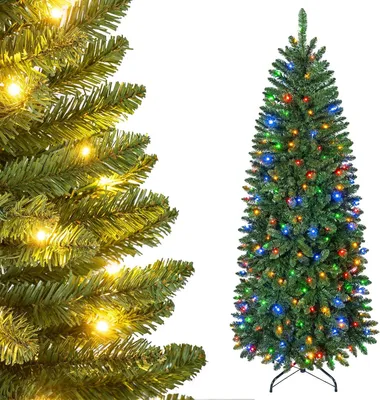 Zdjęcie produktu dla ŚWIĄTECZNY CHOINKA COSTWAY, 180 cm, wąska, w kształcie świerka, z 250 ciepłobiałymi/wielokolorowymi diodami LED, 9 trybów oświetlenia, 674 szczyty wykonane z PVC, metalowa podstawa