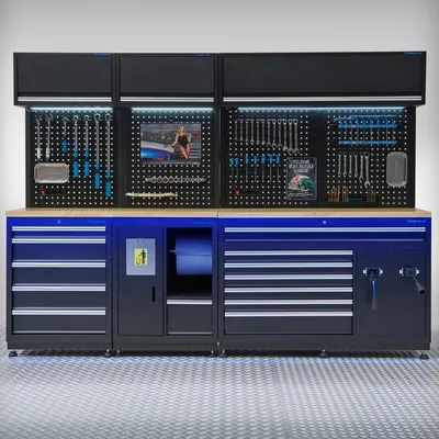 Produktbild von Werkstatteinrichtung PREMIUM mit Arbeitsplatte aus Eichenholz – 272 cm lang
