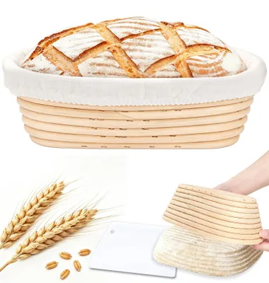 Rijsmand oval 25 cm Naturrattan mit Leinentuch & Teigschaber