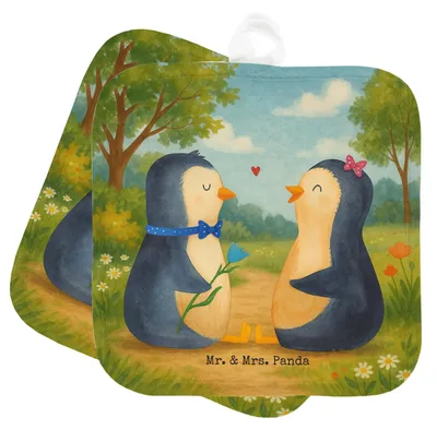 Produktbild von Mr. & Mrs. Panda Topfuntersetzer Pinguin Pärchen Design - Weiß - Geschenk, Topflappen, Kochlappen, Liebesbeweis, topfhalter, Hochzeitstag, 2er Set, Liebe, Topflappenset