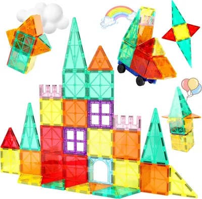 Immagine prodotto di mysoler, Set di costruzioni magnetiche da 47 pezzi – Piastrelle magnetiche per l'apprendimento STEM, giocattolo magnetico Montessori, set di costruzioni magnetiche con base a forma di auto, giocattolo sensoriale per bambini dai 3 anni in su