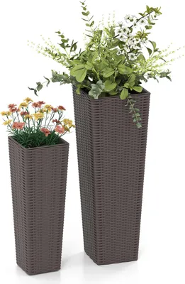 Produktbild von GOPLUS 2er Set Pflanzkübel, Blumentopf hoch mit Innentopf, Rattan Blumenkübel mit Entwässerungslöcher, Höhe 80 cm / 60 cm für Veranda, Garten (Kaffee)