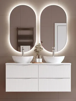 Produktbild von Badmöbel-Set 3-teilig mit 120 cm Doppelwaschtisch & 2 LED-Spiegeln in weiß mit gerillter Front - CALURI-140