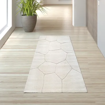Image de Tapis de salon à effet 3D et motif abstrait, couleur crème - Dimensions : 80 x 300 cm