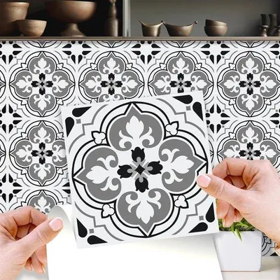 Image de Carreaux décoratifs imperméables aux motifs floraux blond antique - 24 pièces de 15 x 15 cm