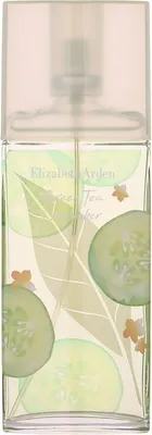 A bottle of Elizabeth Arden Green Tea Cucumber Eau de Toilette with cucumber slices and leaves printed on it.