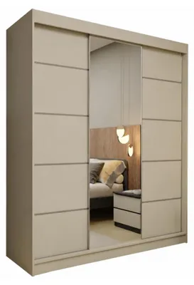 Produktbild von Margaret Hadas24 Kleiderschrank SAMANTHA 180 cm Schwebetürenschrank mit Spiegel und Sprossen, Garderobenschrank, Regalen und Schubladen, kaschmir