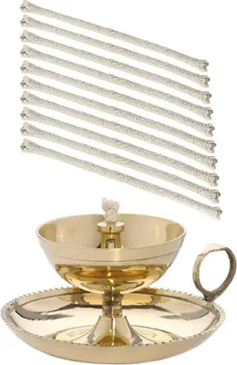Produktbild von Ghee Lampe Öllampe mit 10 Ersatzdochte Handarbeit Messing Haus Garten Gold Groß