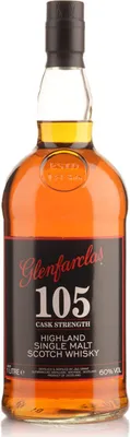 A bottle of Glenfarclas 105 Cask Strength Highland Single Malt Scotch Whisky.