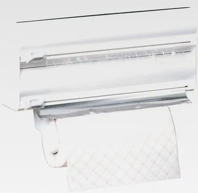 Produktbild von Küchenrollenhalter mit 3 Rollenhaltern, Wandmontage, Schneidefunktion für Folien, Platzsparend, Maße: 38x10x25,5 cm, Farbe Weiß