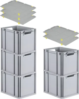Produktbild von SparSet 5x Eurobox NextGen Economy mit Auflagedeckel und 4x Schiebeschnappverschlüsse Gelb | Griffe offen | HxBxT 32x30x40cm | 30 Liter | Eurobehälter, Transportbox, Transportbehälter, Stapelbehälter
