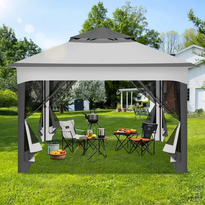 Image de Pavillon pliant Izrielar Pop-up 3,3 × 3,3 m Pavillon de jardin avec moustiquaire et protection UV – Montage rapide Pavillon pare-soleil avec toit à double ventilation, sac de transport et sacs de sable inclus, gris