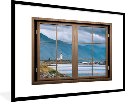 Produktbild von MuchoWow® MuchoWow® Gerahmtes Poster Aussicht - Wasser - Leuchtturm 90x60 cm - Poster mit zchwarzem Bilderrahmen - Wanddekoration - Fotos