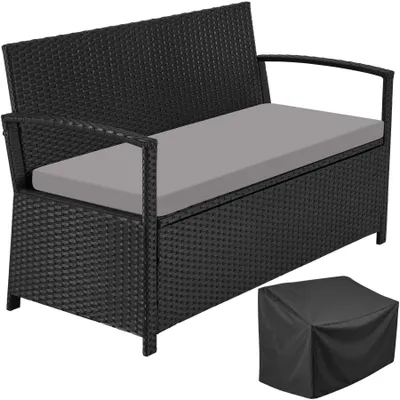 Produktbild von tectake® Rattan-Gartenbank, 2-Sitzer, wetterfest, Stauraum 160 l, Polyrattanbank, Outdoor-Sitzbank, inkl. Sitzpolster und Schutzhülle, in schwarz