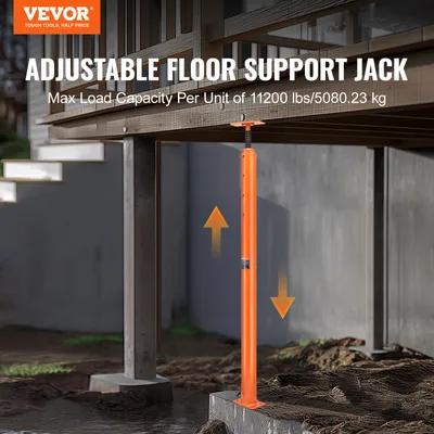 An orange adjustable floor support jack is shown supporting a wooden deck structure. The jack is positioned on a concrete base. There are stairs to the left and a concrete wall in the background.