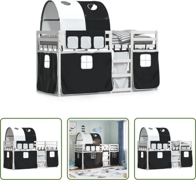 Produktbild von The Living Store Etagenbett mit Vorhängen Weiß Schwarz 90x200 cm Kiefernholz